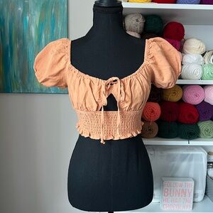 La Hearts Peach-Orange Smocked Puff Sleeve Crop Top